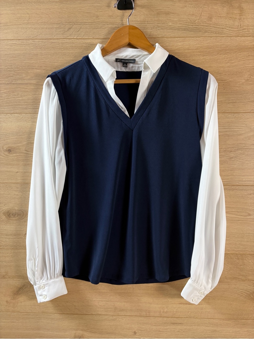 Adrianna Papell Navy Collared Shirt Vest Twofer Blouse Top Preppy Dark Academia